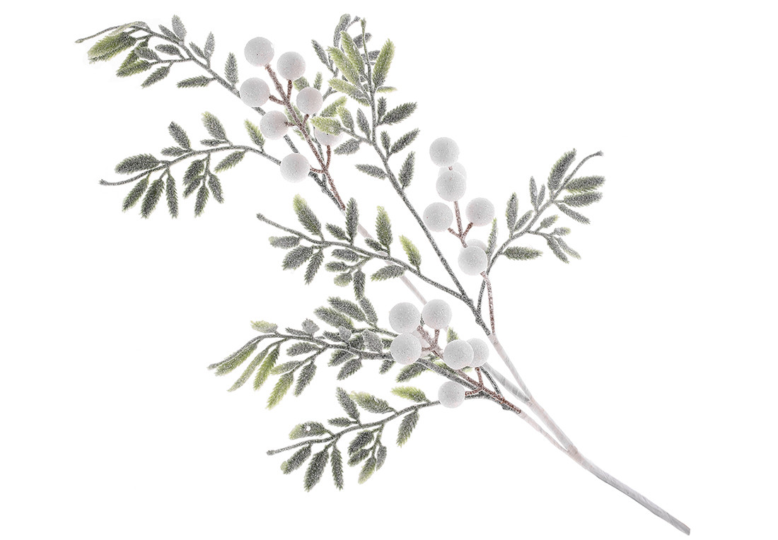 Гілка з листям та ягодами в гліттері 75см, колір - зелень з білими - 12 шт УПАКОВКА ТОВАР ВІД ВИРОБНИКА