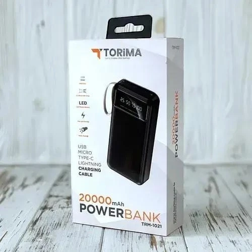 Power Bank TORIMA TRM-1021 20000 mAh з ліхтариком Портативний зарядний пристрій Black, фото 1