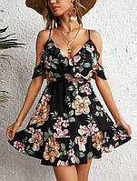 Женское платье с цветочным принтом, талия на резинке, черное