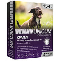 Капли Unicum PRO от блох и клещей на холку для собак от 1,5 кг до 4 кг, 3 пипетки