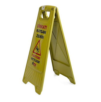 Підлогова табличка «Обережно! Волога підлога», виготовлена з вторинного пластику, жовтого кольору, Afacan Plastik