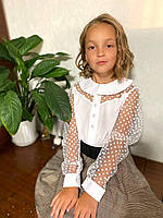 Нарядная школьная блузка для девочек Блузка школьная для девочки с воротником белая рукав в сеточку