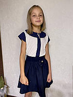 Нарядная школьная блузка для девочек Блузка школьная для девочки с воротником синяя короткий рукав