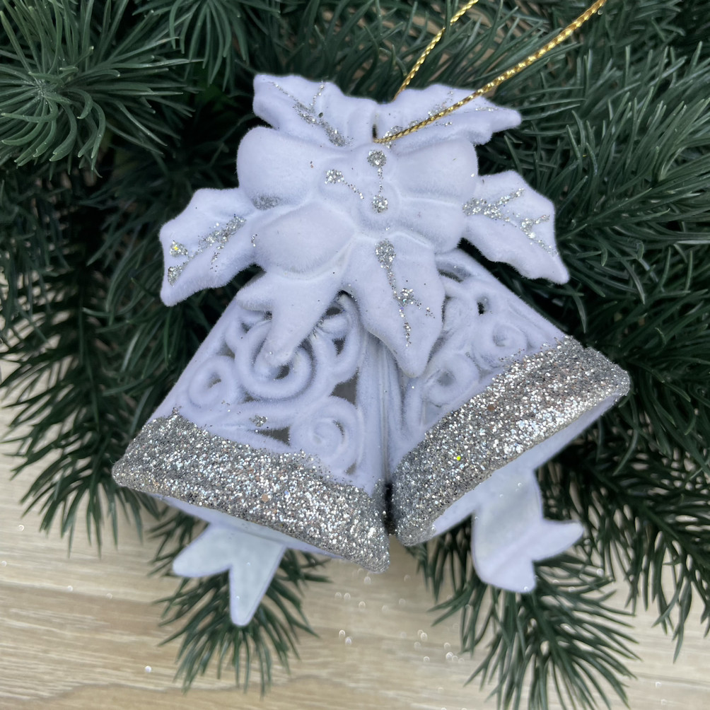 Новорічний декор дзвіночок білий оксамит 9 см, фото 1