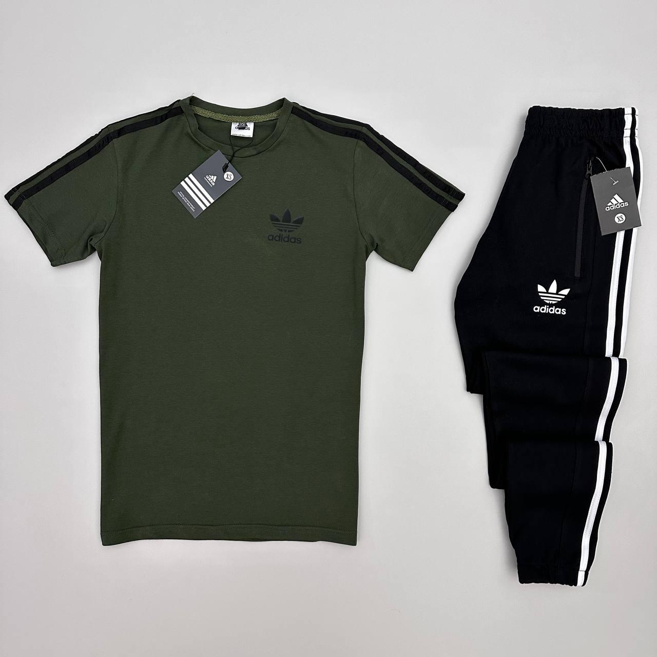 Чоловічий літній костюм Adidas Футболка + Штани хакі з чорним Адідас бавовняний