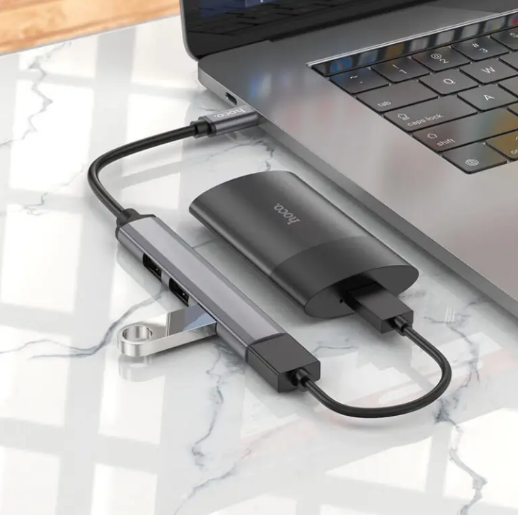 Кабель-переходник HOCO 4 in 1 адаптер Type-C to USB3.0+USB2.0*3 Metal Gray (HB26) - фото 4 - id-p1909566047