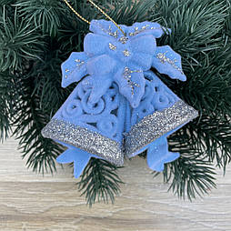 Новорічний декор дзвіночок блакитний оксамит 9 см