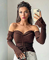Женская укороченная кофточка, с открытыми плечами, коричневая