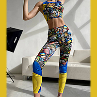 Женский спортивный костюм футболка-топ и лосины для фитнеса, тренировок, йоги сине-желтый патриотический принт