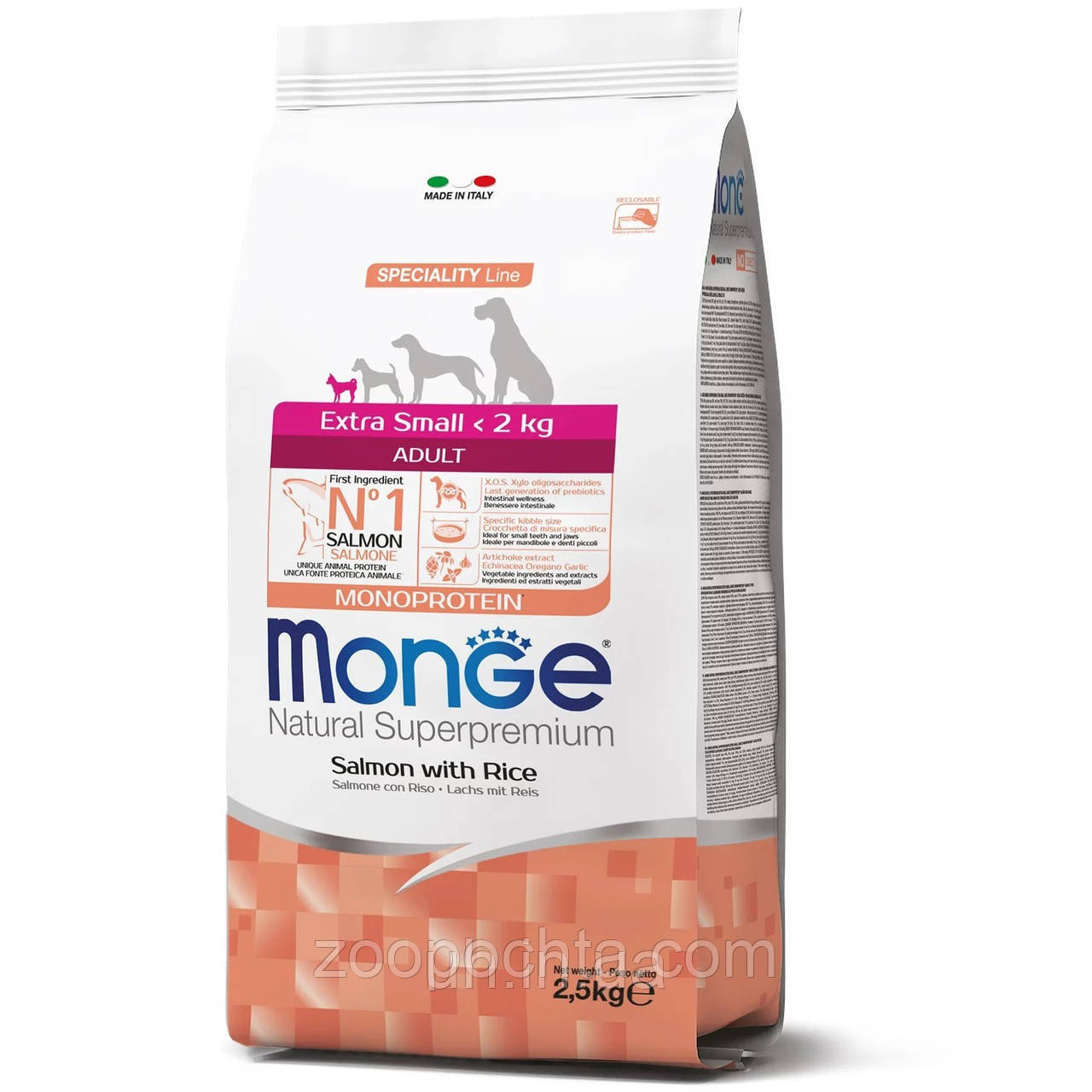 Сухий корм Monge Dog Extrasmall Adult для дорослих собак мініатюрних порід, лосось із рисом, 2.5КГ, фото 1