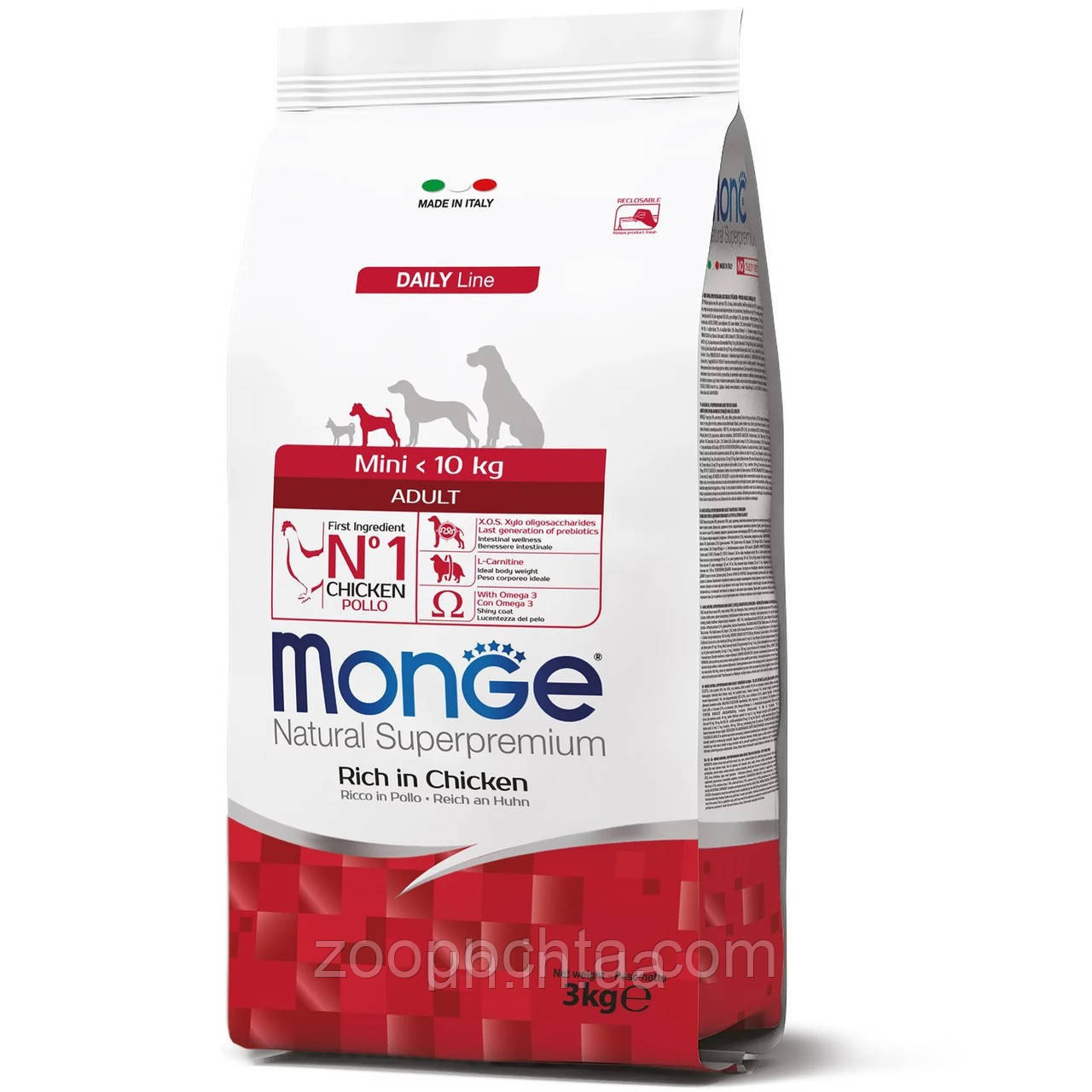 Сухий корм Monge Dog Mini Adult для дорослих собак дрібних порід, курка з рисом, 3КГ