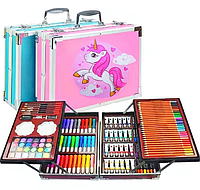 Детский набор для рисования и творчества 145 предметов в алюминиевом чемоданчике с красками Набор Единорог