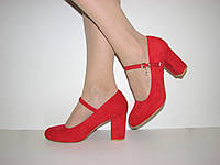 Замшевые красные туфли женские нарядные на высоком каблуке с ремешком размер 39