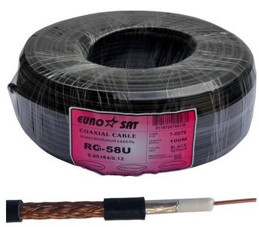 Купити Кабель коаксіальний RG-58U EUROSAT, одножильний, Cu, 64%, чорний ...