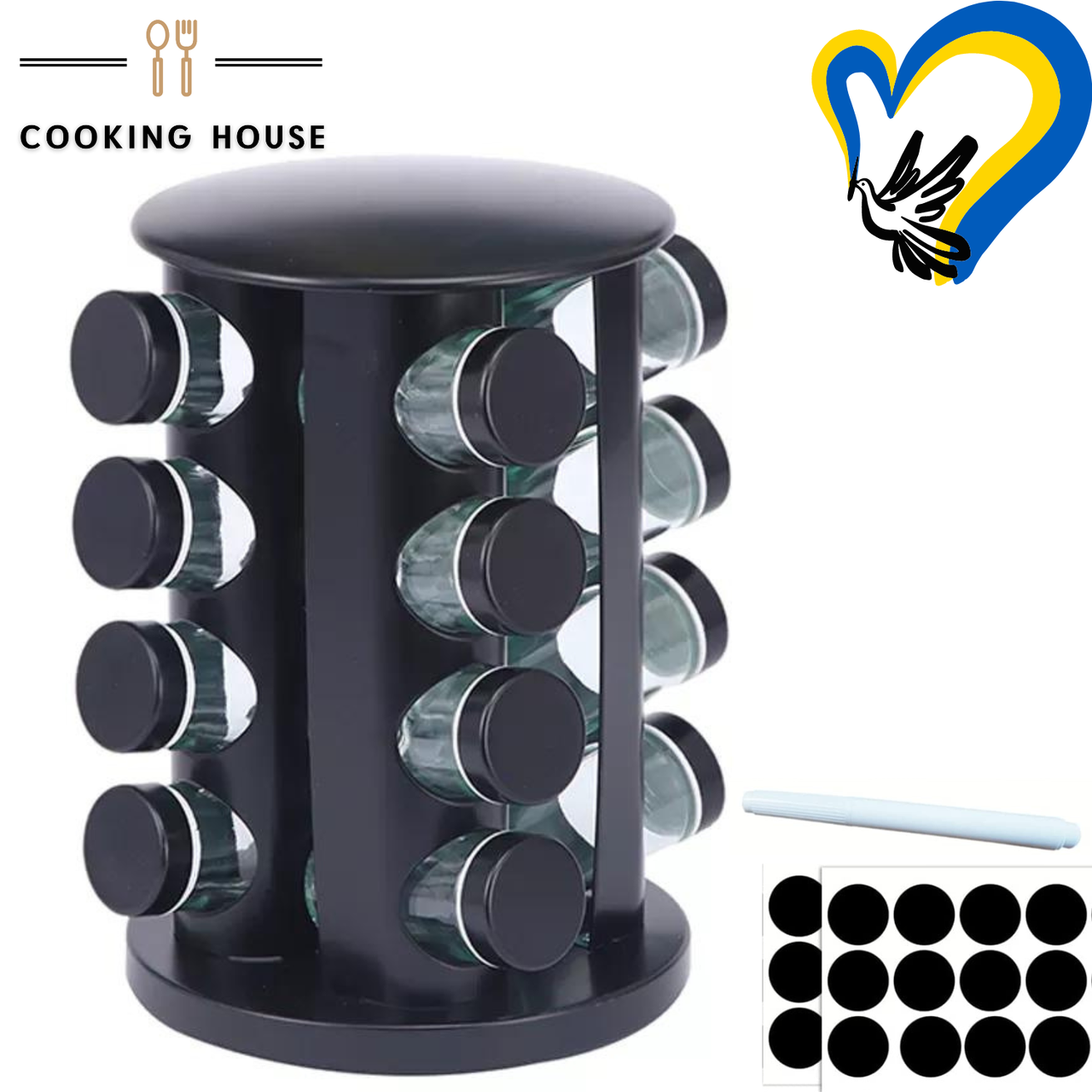 Набір ємностей для спецій на круглій підставці 16шт чорного кольору Cooking House 7trav . Кругла карусельна стійка для спецій.