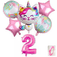 Фонтан из шаров Кошка Единорожек с розовой цифрой