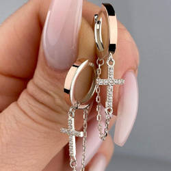 Срібні сережки-підвіски з золотими накладками з фіанітами в формі хрестиків (загальна довжина 3,8 см) РН-115