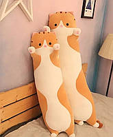 Мягкая плюшевая игрушка подушка длинный кот батон антистресс рыжий 70см