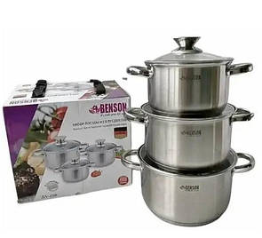 Кухонний набір каструль із неіржавкої сталі з індукційним дном Benson BN-198 зі скляними кришками 6 предмет