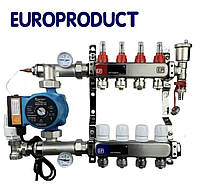 Коллектор для теплого пола 4 выхода/контура EUROPRODUCT в сборе с насосом (из нержавеющей стали)