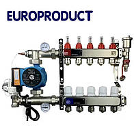 Коллектор для теплого пола 6 выхода/контура EUROPRODUCT в сборе с насосом (из нержавеющей стали)