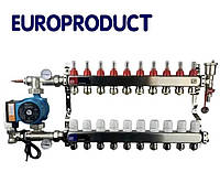 Коллектор для теплого пола 10 выхода/контура EUROPRODUCT в сборе с насосом (из нержавеющей стали)