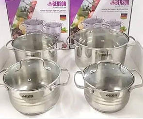 Кухонний набір каструль із неіржавкої сталі 6 предметів з індукційним дном Benson BN-202 зі скляними кришкою