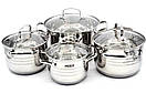 Кухонний набір каструль із неіржавкої сталі 6 предметів з індукційним дном Benson BN-202 зі скляними кришкою, фото 4
