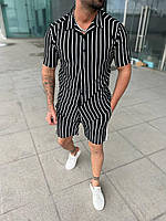 Мужской хлопковый летний комплект Рубашка + Шорты черный в полоску Костюм на лето повседневный (Gl)