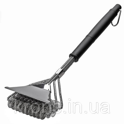 Щітка для очищення гриля BBQ безпечна з ручкою, 3 спіралі та скребок, сталь, фото 1