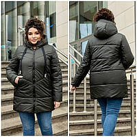 Жіноча зимова курточка-пуховик. Куртка зимова, модна, великі розміри. Р-48-62 Подовжена куртка. Хакі