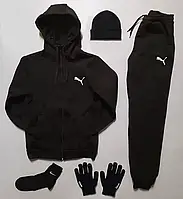 Зимний комплект на флисе Puma Спортивный костюм с худи + шапка + перчатки + носки