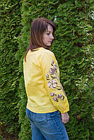 Женскаая льняная вышиванка желтого цвета с вышитым рисунком хлопка. Рубашка-вышиванка с длинным рукавом. Размер 104