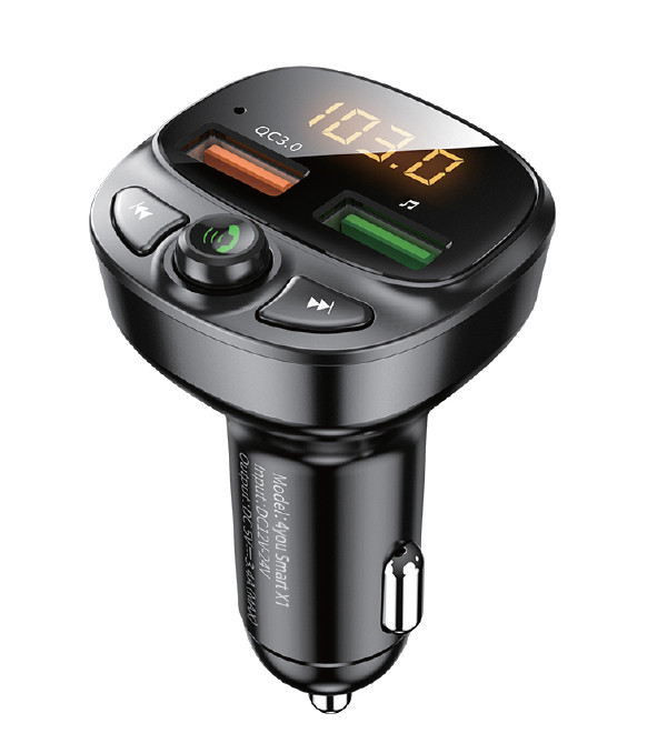 Трансмітер FM модулятор із зарядкою 4you Smart X1 (Bluetooth, QC3, 18W, 2USB, дісплей) Black, фото 1