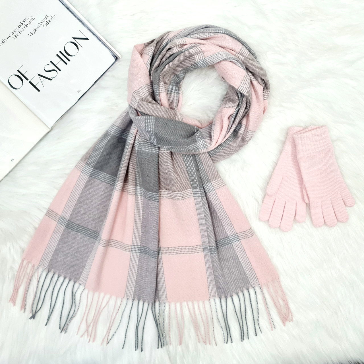 Комплект жіночий зимовий (шарф+рукавички) M&JJ One size Рожевий - сірий 8050 - 4071