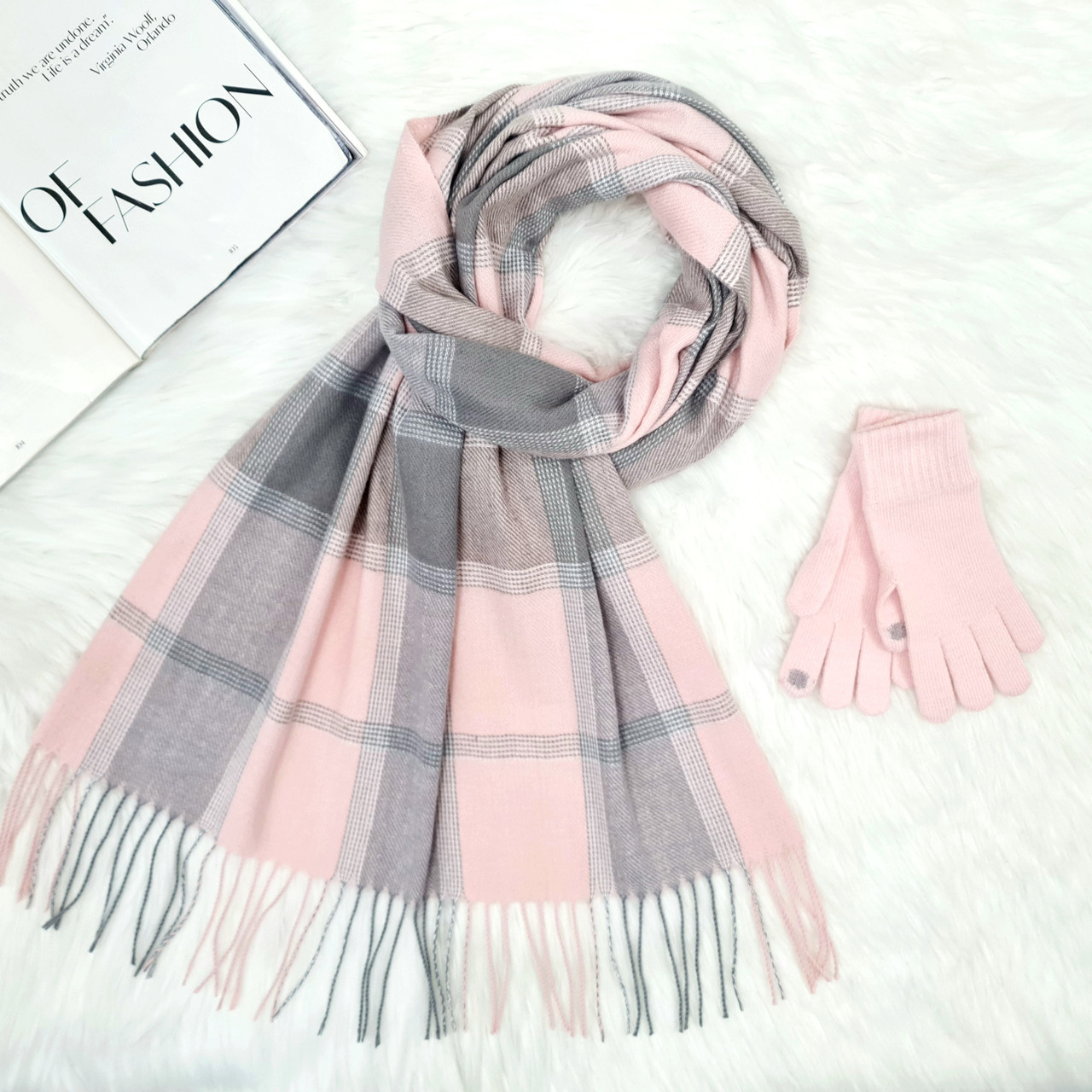 Комплект жіночий зимовий (шарф+рукавички) M&JJ One size Рожевий - сірий 8050 - 4121, фото 1