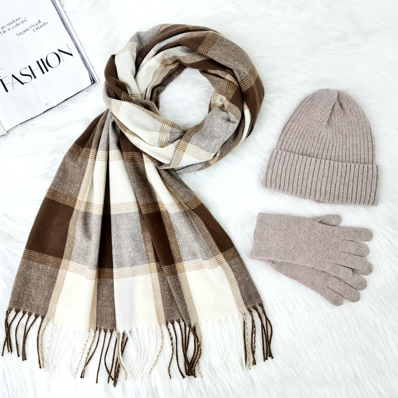 Комплект жіночий зимовий ангора з вовною (шапка+шарф+рукавички) ODYSSEY 56-58 см какао 12216 - 8049 - 4175, фото 1