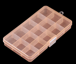 Контейнер для Бусин, Пластик, Лососевий, Прямокутний, на 15 Відсіків (знімних), Розмір: 19х10.2х2.2см
