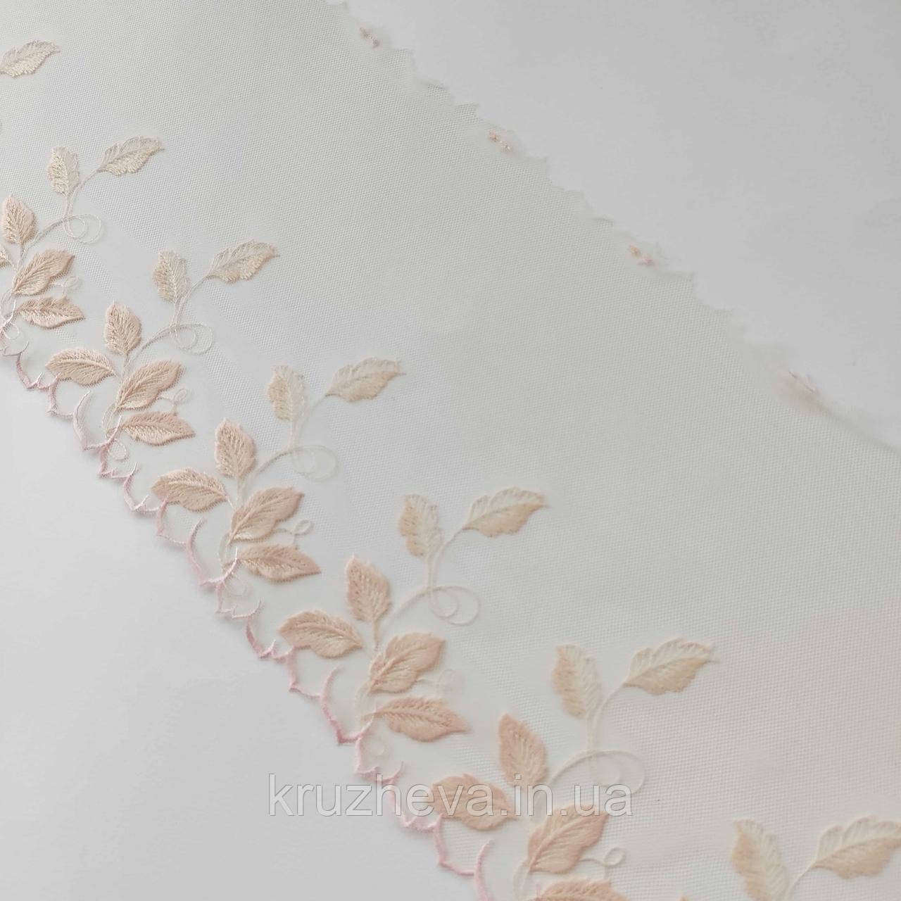 Ажурне мереживо вишивка на сітці: бежева і блідо-рожева нитки на бежевій сітці, ширина 21 см