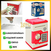 Скарбничка сейф дитяча електронна з кодовим замком та купюроприймачем для паперових грошей та монет MK3916 червоний