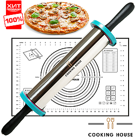 Качалка для тіста з кільцями для регулювання товщини розкатки тіста і силіконовим ковриком для випікання