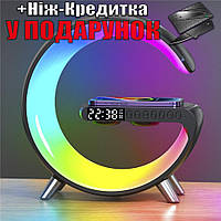 Зарядка бездротова 15Вт лампа нічник Bluetooth колонка з підсвічуванням RGB та будильником Чорний