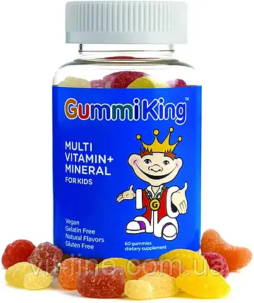 GummiKing мультивітаміни та мінерали для дітей, полуниця, апельсин, лимон, виноград, вишня та грейпфрут, 60 жувальних мармеладок, фото 2