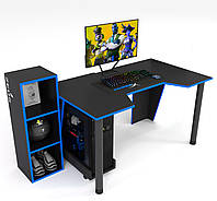 Геймерский игровой стол Gamer-4 каркас ЛДСП Белый (Zeus ТМ) Черный с синей кромкой