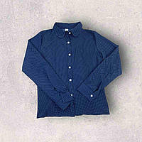Детская школьная блуза на девочку с длинным рукавом, синяя горох, стильная блузка №14-28 ( р. 128-158)