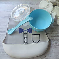 Силіконовий посуд для дітей  посуд для годування  нагрудник з принтом, тарілочка із кришкою + ложка