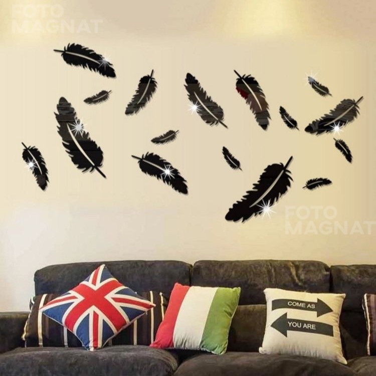 Дзеркальна наліпка на стіну у формі пір'я "Fuzz" — акрилова панель для декору інтер'єру, самоклейна 10 шт, фото 1