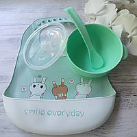 Силіконовий посуд для дітей  посуд для годування тарілочка із кришкою + ложка глибока силіконова тарілочка