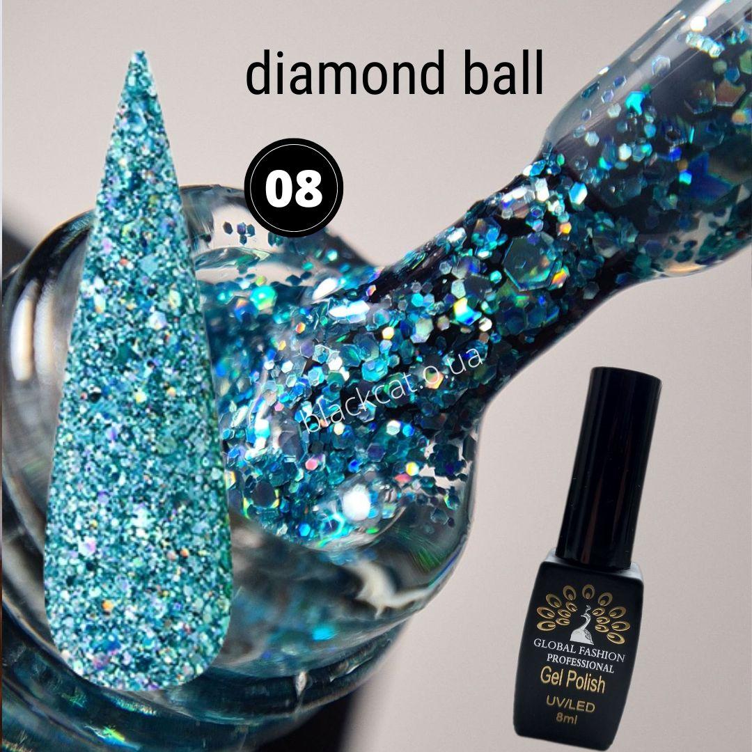 Гель лак з глітером, лусочками, блискітками смарагдовий Diamond Ball для нігтів Global Fashion 8 ml №008