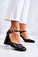 Женские туфли полностью черные лаковые на устойчивом каблуке закрытые 36-41 размер